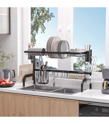 Escurreplatos de Acero de 2 Niveles para Fregadero con Soporte de Tabla de Corte y Cubiertos 100x30x52,5 cm Negro