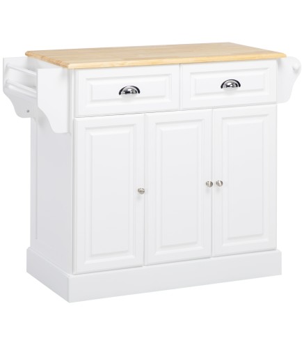 Carro de Cocina con Ruedas Isla de Cocina con 2 Cajones Especiero y Barra para Colgar 110x45x91 cm Blanco