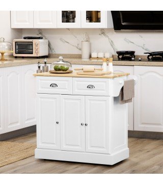 Carro de Cocina con Ruedas Isla de Cocina con 2 Cajones Especiero y Barra para Colgar 110x45x91 cm Blanco