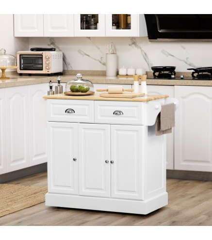 Carro de Cocina con Ruedas Isla de Cocina con 2 Cajones Especiero y Barra para Colgar 110x45x91 cm Blanco