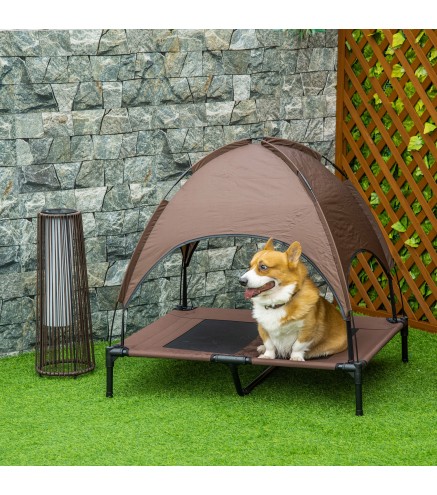 Cama Elevada para Mascotas con Toldo Extraíble Tela Transpirable para Interior y Exterior 92x76x90 cm Marrón