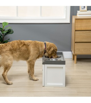 Comedero Elevado para Perros Grandes con 2 Cuencos de 2000 ml de Acero Inoxidable y 1 Cajón 63x30x36 cm Blanco