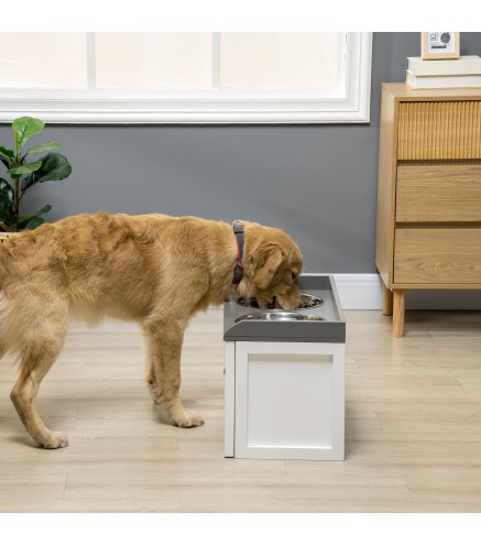 Comedero Elevado para Perros Grandes con 2 Cuencos de 2000 ml de Acero Inoxidable y 1 Cajón 63x30x36 cm Blanco