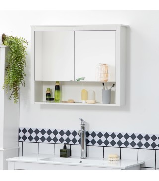 Armario de Pared con Espejo Armario Colgante con 2 Puertas de Vidrio y Estante de Almacenaje 80x20x65 cm Blanco