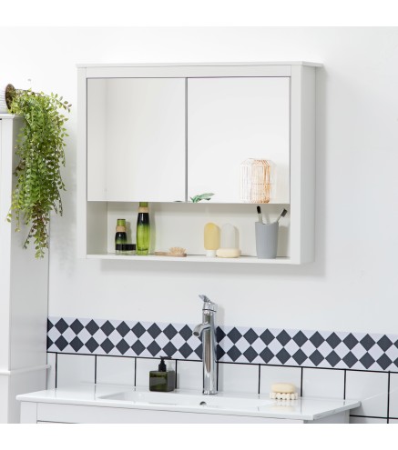 Armario de Pared con Espejo Armario Colgante con 2 Puertas de Vidrio y Estante de Almacenaje 80x20x65 cm Blanco