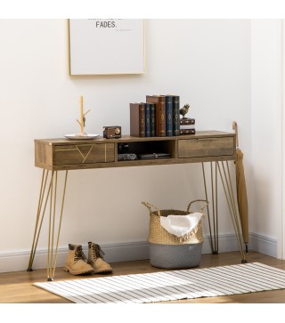 Consola Mueble Recibidor de Entrada con 2 Cajones Estante Abierto y Patas de Acero 120x29x79 cm Madera y Bronce
