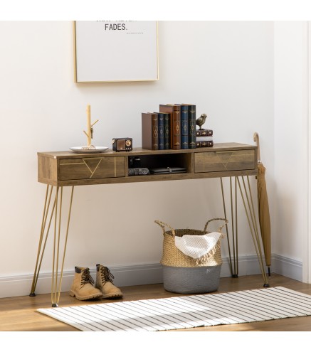 Consola Mueble Recibidor de Entrada con 2 Cajones Estante Abierto y Patas de Acero 120x29x79 cm Madera y Bronce