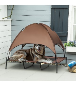 Cama Elevada para Mascotas con Toldo Extraíble Tela Transpirable para Interior y Exterior 122x92x108 cm Marrón