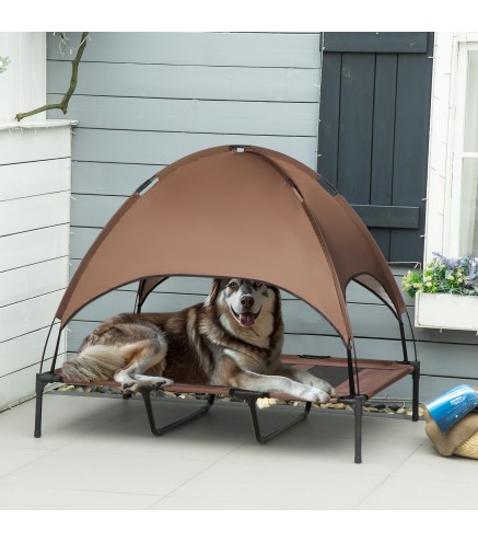 Cama Elevada para Mascotas con Toldo Extraíble Tela Transpirable para Interior y Exterior 122x92x108 cm Marrón