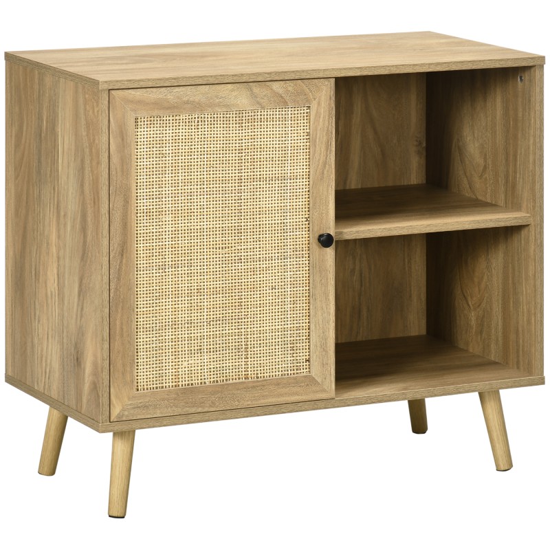 Aparador Mueble Auxiliar de Cocina con Puerta de Ratán y 2 Estantes de Almacenaje para Salón 80x39x70 cm Natural