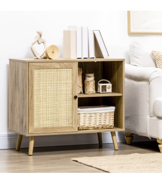 Aparador Mueble Auxiliar de Cocina con Puerta de Ratán y 2 Estantes de Almacenaje para Salón 80x39x70 cm Natural