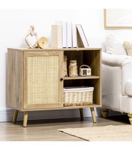 Aparador Mueble Auxiliar de Cocina con Puerta de Ratán y 2 Estantes de Almacenaje para Salón 80x39x70 cm Natural