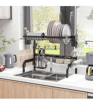 Escurreplatos de Acero de 2 Niveles para Fregadero con Diferentes Soportes y 5 Ganchos 65x31,5x52,5cm Negro