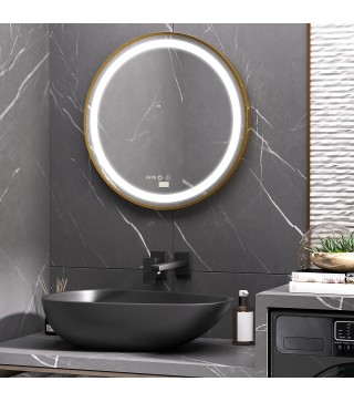Espejo de Baño con Luz LED Táctil Función de Memoria Brillo y Color Ajustable y Reloj Ø60x4 cm Dorado