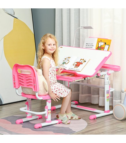 Escritorio y Silla para +6 Años con Altura Ajustable e Inclinable 80x49,5x82-104 cm y 35,5x43,5x63-73 cm Rosa