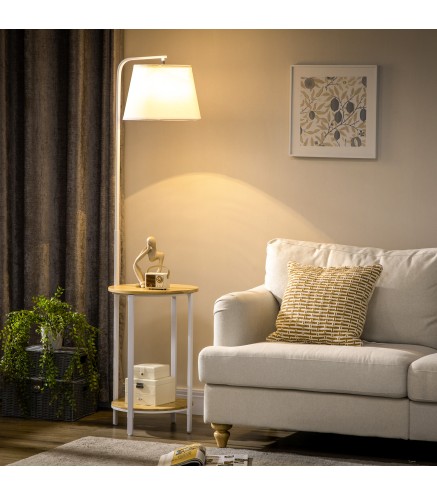 Lámpara de Pie Moderna con Mesita Pantalla de Lino Interruptor de Pie para Salón Dormitorio 43x39,5x162 cm Blanco