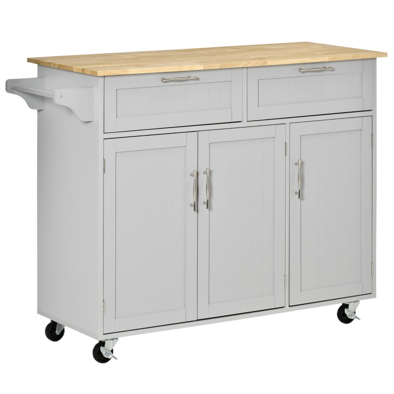 Carro de Cocina con Ruedas Isla de Cocina con 2 Cajones y Barra para Colgar para Comedor 121x46x91 cm Gris