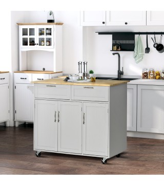 Carro de Cocina con Ruedas Isla de Cocina con 2 Cajones y Barra para Colgar para Comedor 121x46x91 cm Gris