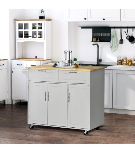 Carro de Cocina con Ruedas Isla de Cocina con 2 Cajones y Barra para Colgar para Comedor 121x46x91 cm Gris