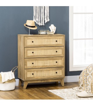 Cómoda con 4 Cajones Cajonera de Madera con Frontales de Ratán Estilo Cannage para Dormitorio 80x35x95 cm Natural