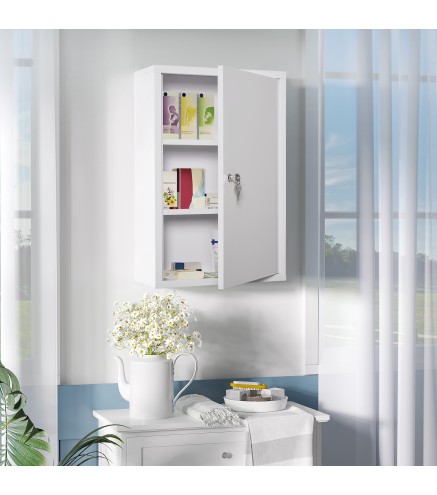 Botiquín de Pared de Metal con 3 Estantes y Cierre con Llave Armario de Medicamentos 40x18x60 cm Blanco