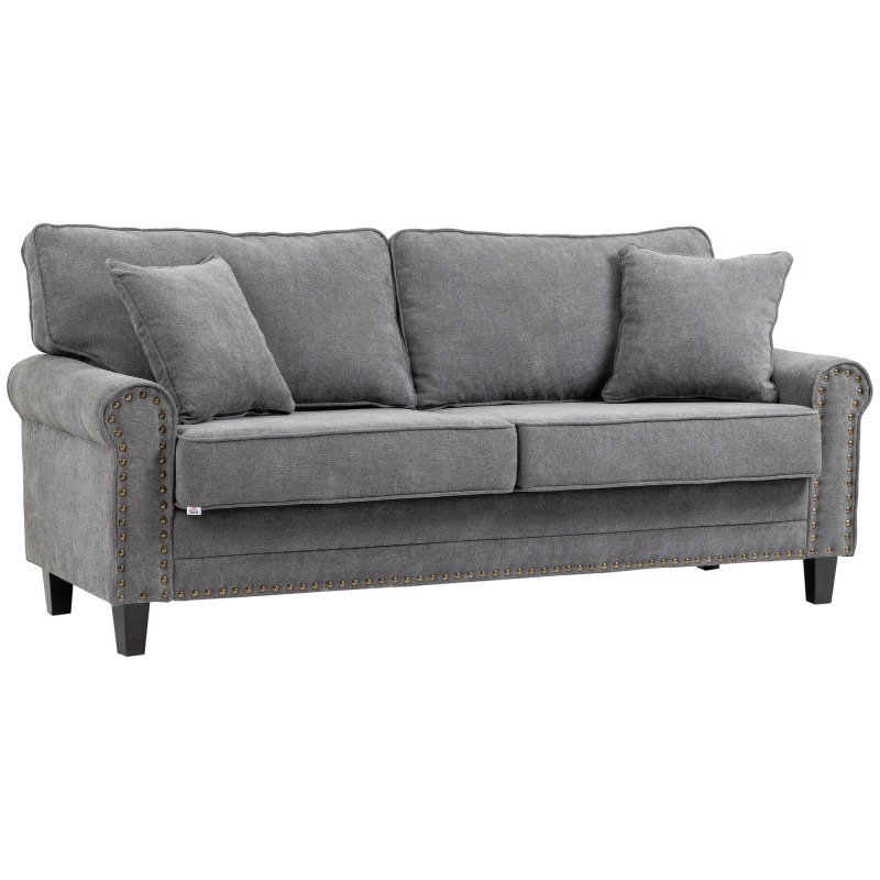 Sofá de 3 Plazas con Tachuelas Oro Envejecido Tapizado en Poliéster con 2 Cojines Decorativos 196x80,5x89 cm Gris