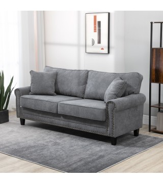 Sofá de 3 Plazas con Tachuelas Oro Envejecido Tapizado en Poliéster con 2 Cojines Decorativos 196x80,5x89 cm Gris