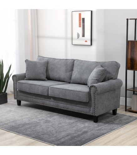 Sofá de 3 Plazas con Tachuelas Oro Envejecido Tapizado en Poliéster con 2 Cojines Decorativos 196x80,5x89 cm Gris