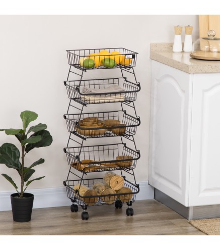 Frutero de 4 Niveles con Ruedas Carrito de Almacenamiento para Cocina Salón Dormitorio 40x28x97 cm Negro