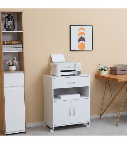 Armario para Impresora con Ruedas Cajón 2 Puertas y Estante para Salón Oficina Estudio 60x39x80 cm Blanco