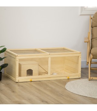 Jaula para Hámster de Madera con Techo Abatible Panel de Acrílico Bandeja Extraíble y Cabaña 100x58x38 cm Natural