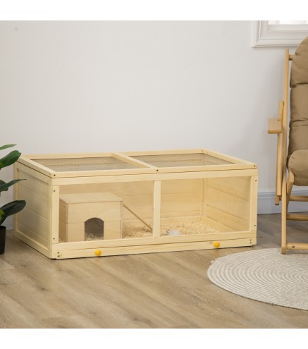 Jaula para Hámster de Madera con Techo Abatible Panel de Acrílico Bandeja Extraíble y Cabaña 100x58x38 cm Natural