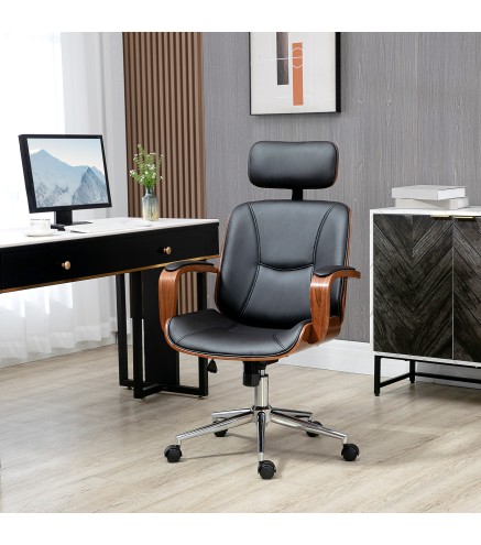 Silla de Oficina de Cuero PU Basculante con Reposacabezas Extraíble Altura Ajustable 63x62x110-120 cm Negro