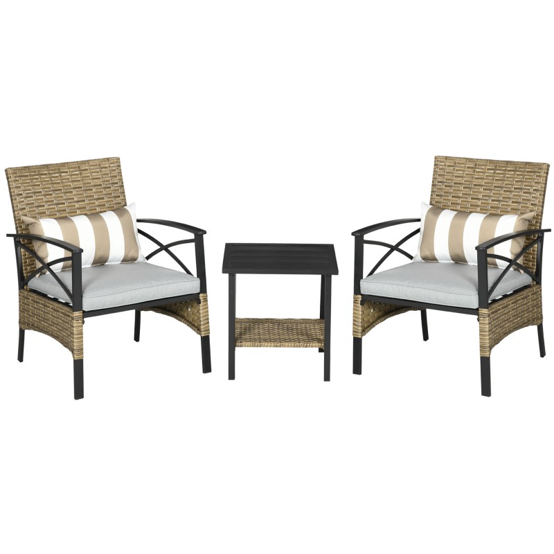 Conjunto Mesa y 2 Sillas de Jardín de Ratán Sintético con 2 Cojines Decorativos 46x46x48 cm y 59x71x80 cm Marrón