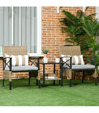 Conjunto Mesa y 2 Sillas de Jardín de Ratán Sintético con 2 Cojines Decorativos 46x46x48 cm y 59x71x80 cm Marrón