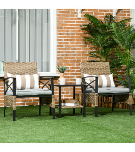 Conjunto Mesa y 2 Sillas de Jardín de Ratán Sintético con 2 Cojines Decorativos 46x46x48 cm y 59x71x80 cm Marrón