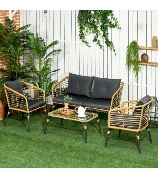 Conjunto de Muebles de Ratán de 4 Piezas con Sofá de 2 Plazas 2 Sillones Mesa de Centro de Cristal Color Arena