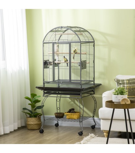 Jaula de Pájaros Metálica con Soporte con Ruedas 2 Puertas Perchas y Rejilla Deslizable 80x76,5x168cm Gris Oscuro
