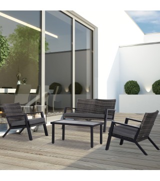 Conjunto de Muebles de Exterior con Sofá de 2 Plazas Sillones y Mesa de Centro para Terraza Patio Negro
