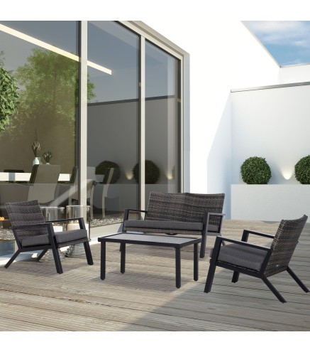 Conjunto de Muebles de Exterior con Sofá de 2 Plazas Sillones y Mesa de Centro para Terraza Patio Negro