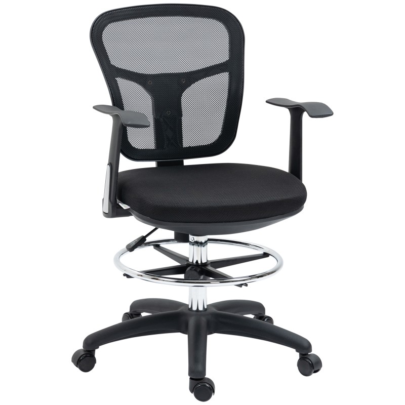 Silla de Dibujo Ergonómica de Malla Giratoria con Reposabrazos y Reposapiés Ajustable 59x59x95-115 cm Negro