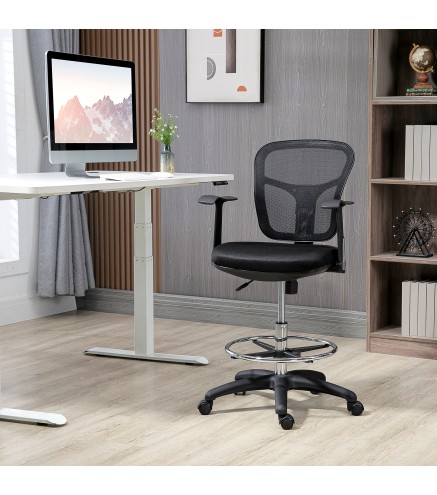Silla de Dibujo Ergonómica de Malla Giratoria con Reposabrazos y Reposapiés Ajustable 59x59x95-115 cm Negro