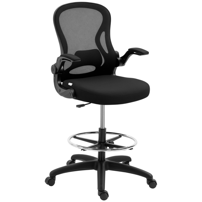 Silla de Dibujo Giratoria con Soporte Lumbar Reposapiés Ajustable y Reposabrazos Abatibles 59x65x102-122 cm Negro
