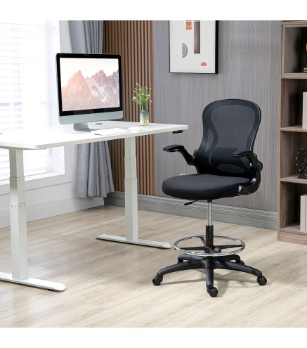 Silla de Dibujo Giratoria con Soporte Lumbar Reposapiés Ajustable y Reposabrazos Abatibles 59x65x102-122 cm Negro