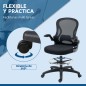 Silla de Dibujo Giratoria con Soporte Lumbar Reposapiés Ajustable y Reposabrazos Abatibles 59x65x102-122 cm Negro