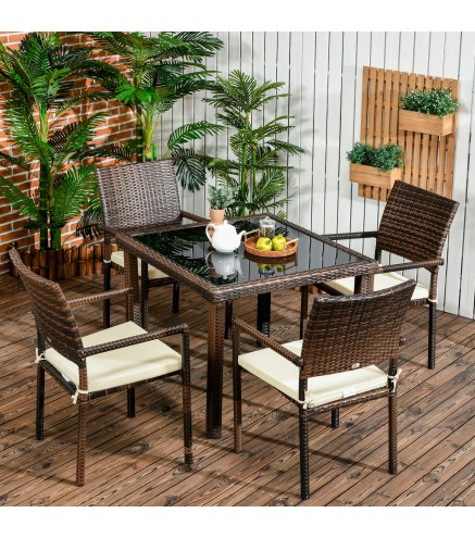 Conjunto de Muebles de Ratán Sintético de Jardín Mesa con Encimera de Cristal y 4 Sillas para Exterior Marrón