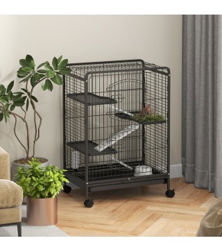 Jaula para Roedores con Ruedas con 3 Plataformas Bandeja Extraíble Comedero y Bebedero 61,5x44x95 cm Negro