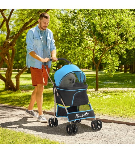 Carrito para Perros Pequeños 3 en 1 con Vagón Desmontable Cesta de Almacenaje Correas de Seguridad y Cojín Azul