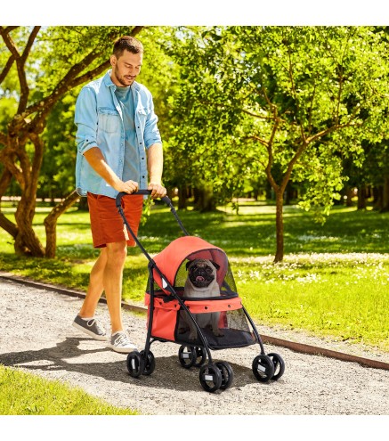 Cochecito para Perros Pequeños Plegable con Ventanas de Malla Cojín Lavable Correas de Seguridad y Marco de Acero Rojo