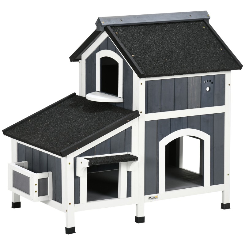 Caseta de Madera de Exterior para Gatos Casa para Gatos Refugio para Gatos de 2 Niveles 96x65x85,5 cm Gris